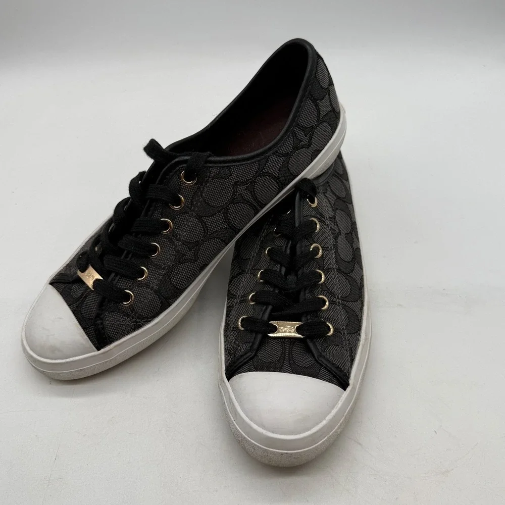 Coach 9 Empire Low Top Sneakers Black Signature C Monogram Canvas Gold Hardware